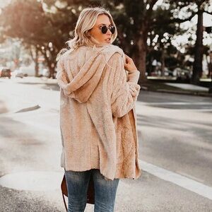 Cozy Hooded Beige Sweater for Women plush teddy jacket